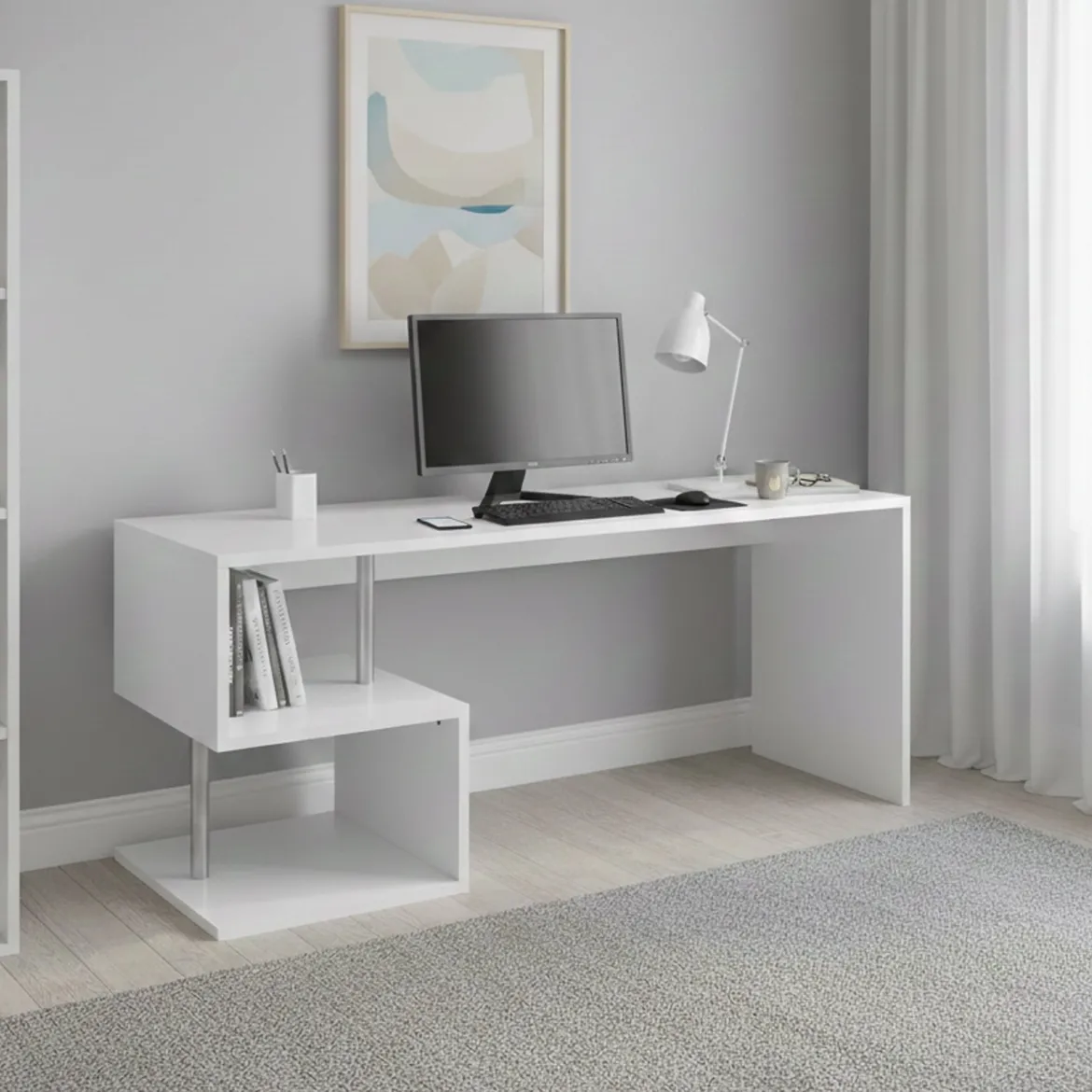 Scrivania lineare bianca lucida 180x60cm con supporto pc - Poseidone