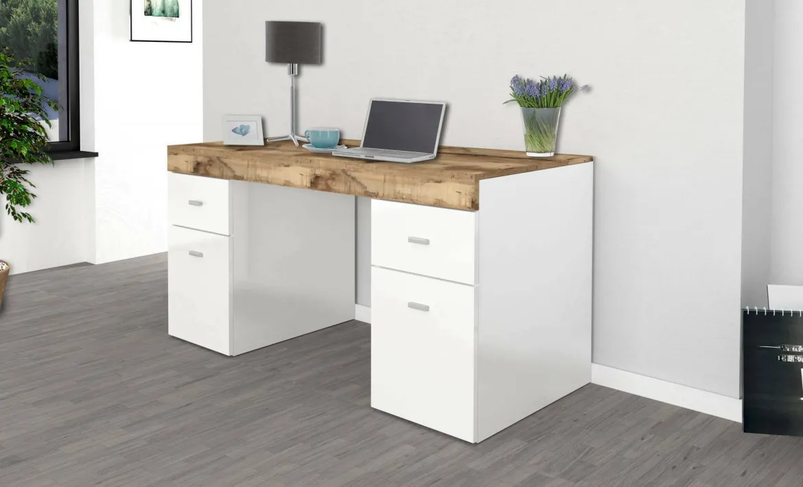 Scrivania lineare bianca lucida e antracite 98x36cm con 2 cassetti - Andriy