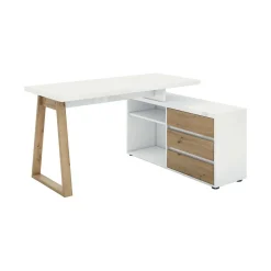 Scrivania lineare bianca lucida e rovere 135x75cm con 3 cassetti - Hachette