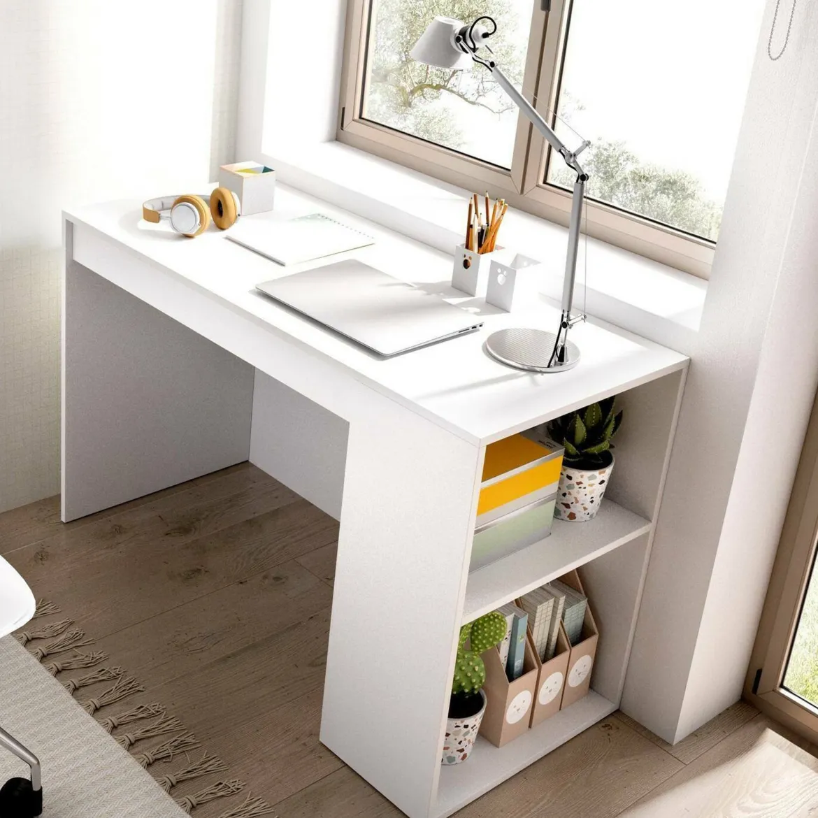 Scrivania lineare bianca 120x48cm con 3 cassetti - Murjan