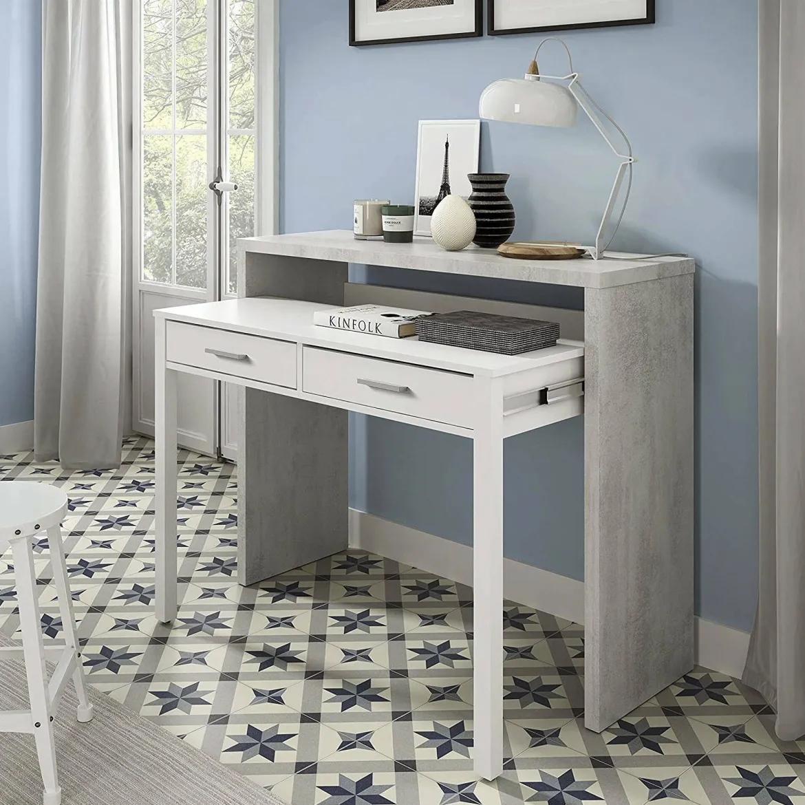 Scrivania lineare cemento e bianca 98x36cm con 2 cassetti - Andriy