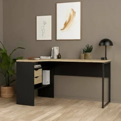 Scrivania lineare nera e quercia 145x81cm con 2 cassetti - Moire