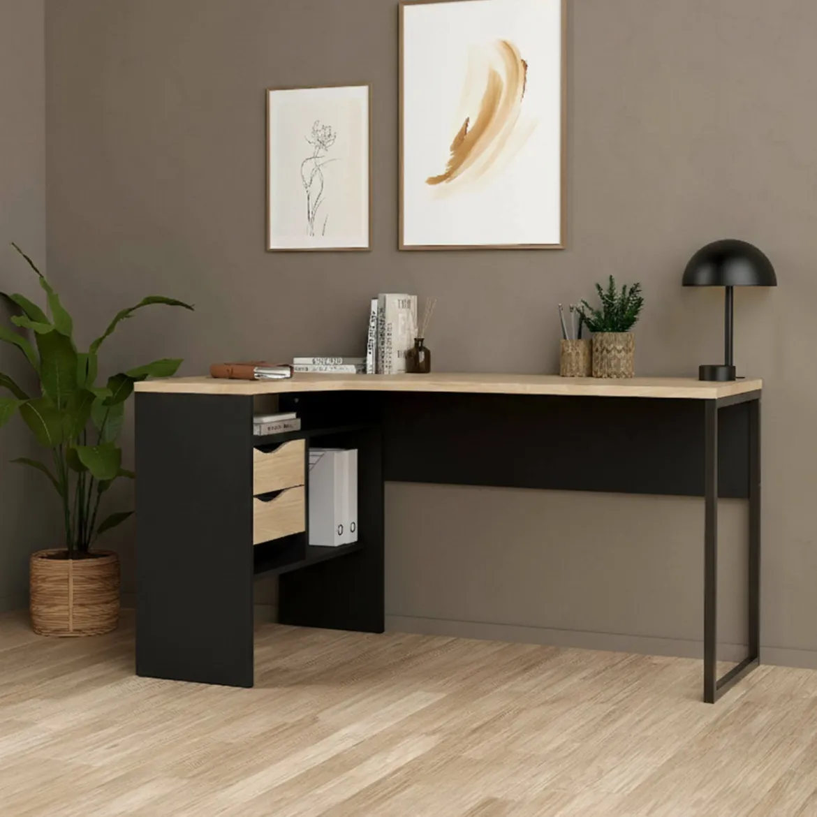 Scrivania lineare nera e rovere 145x81cm con 2 cassetti - Moire