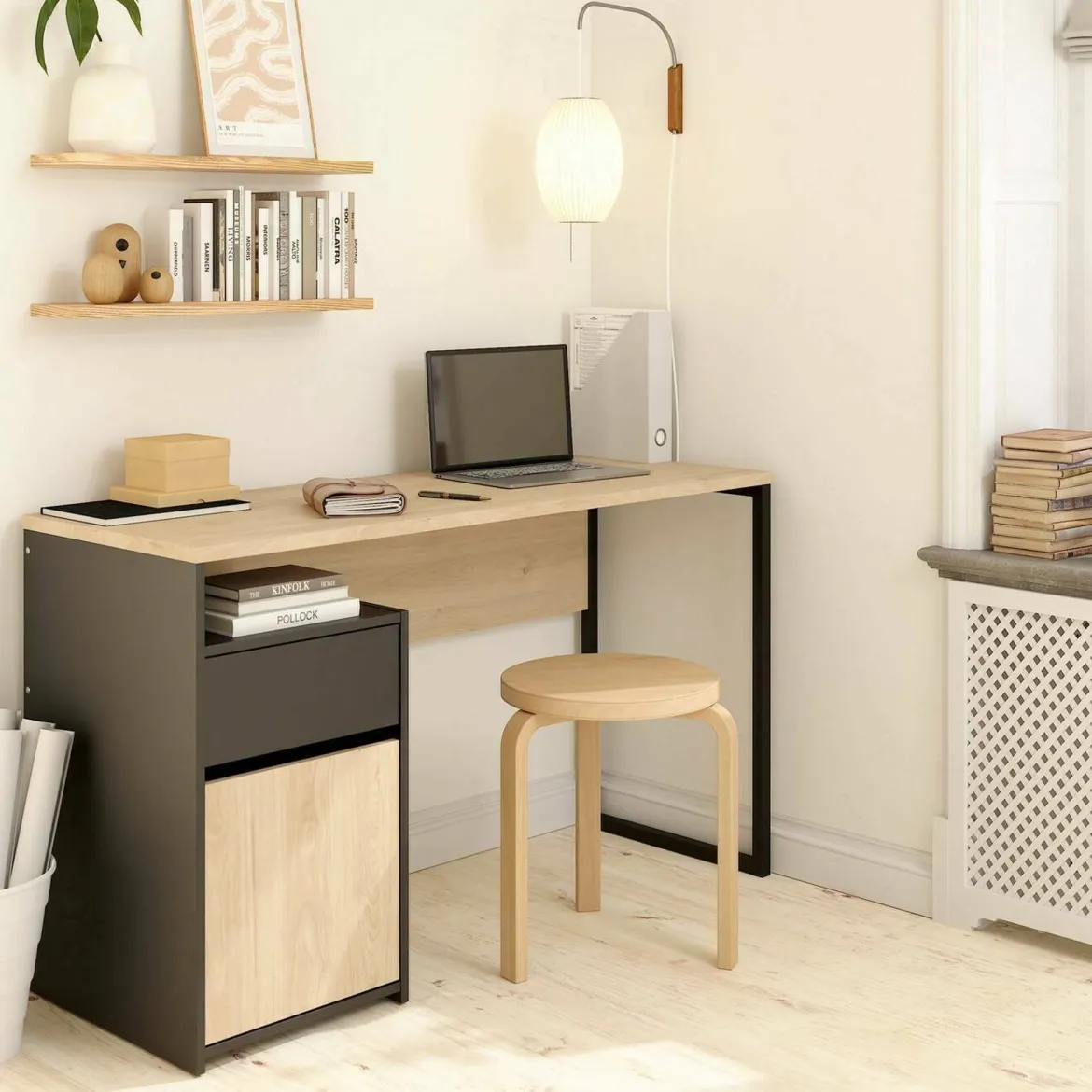 Scrivania lineare rovere e nera 130x48cm con 1 cassetto - Mele