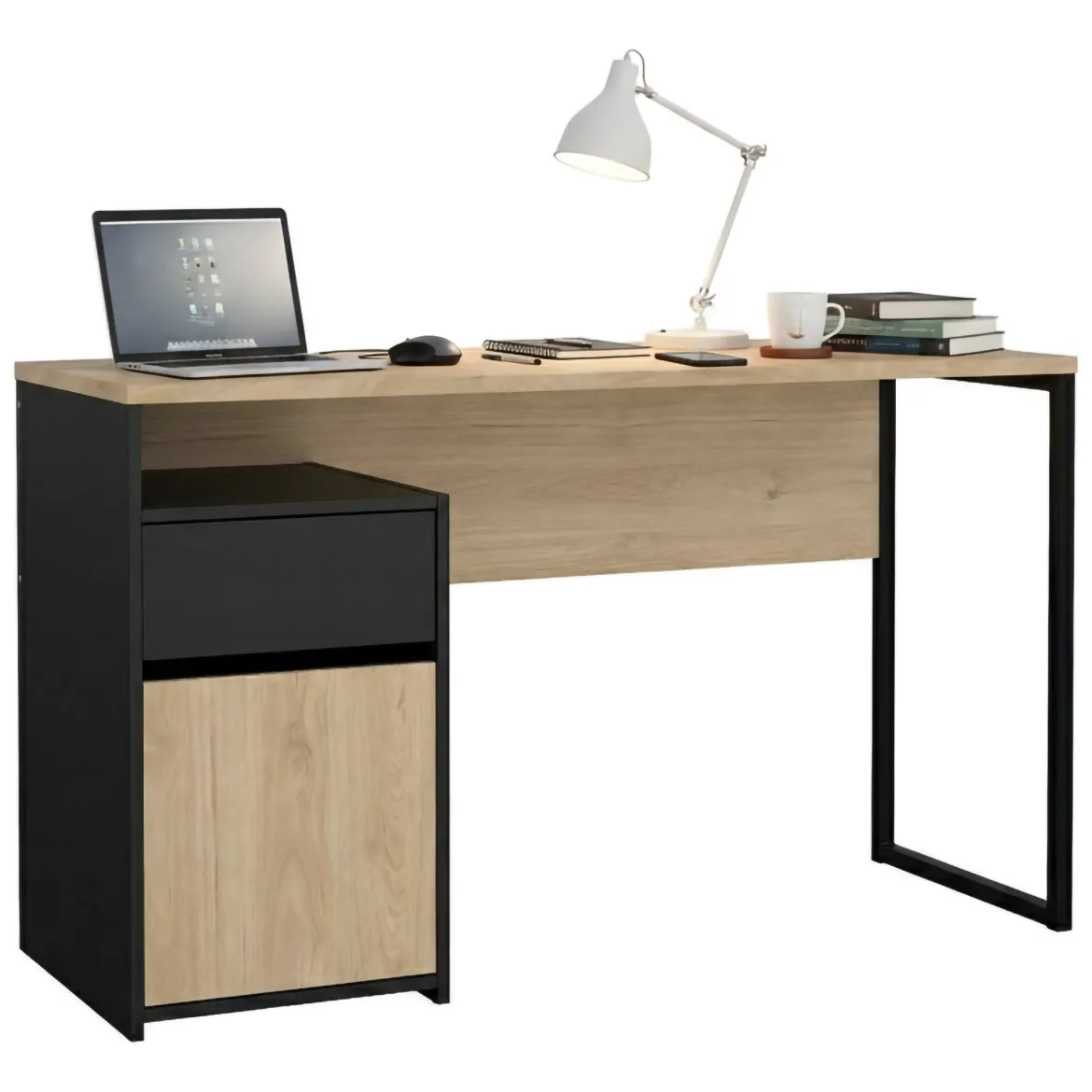 Scrivania lineare rovere e nera 130x48cm con 1 cassetto - Mele
