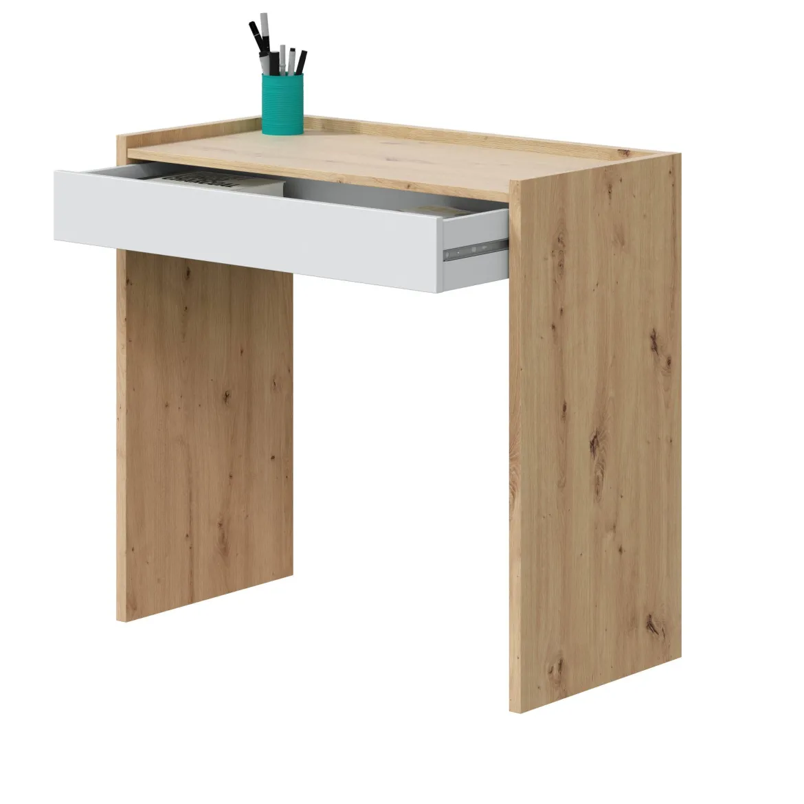Scrivania lineare rovere nodi e bianca 81x40cm con 1 cassetto - Akaba