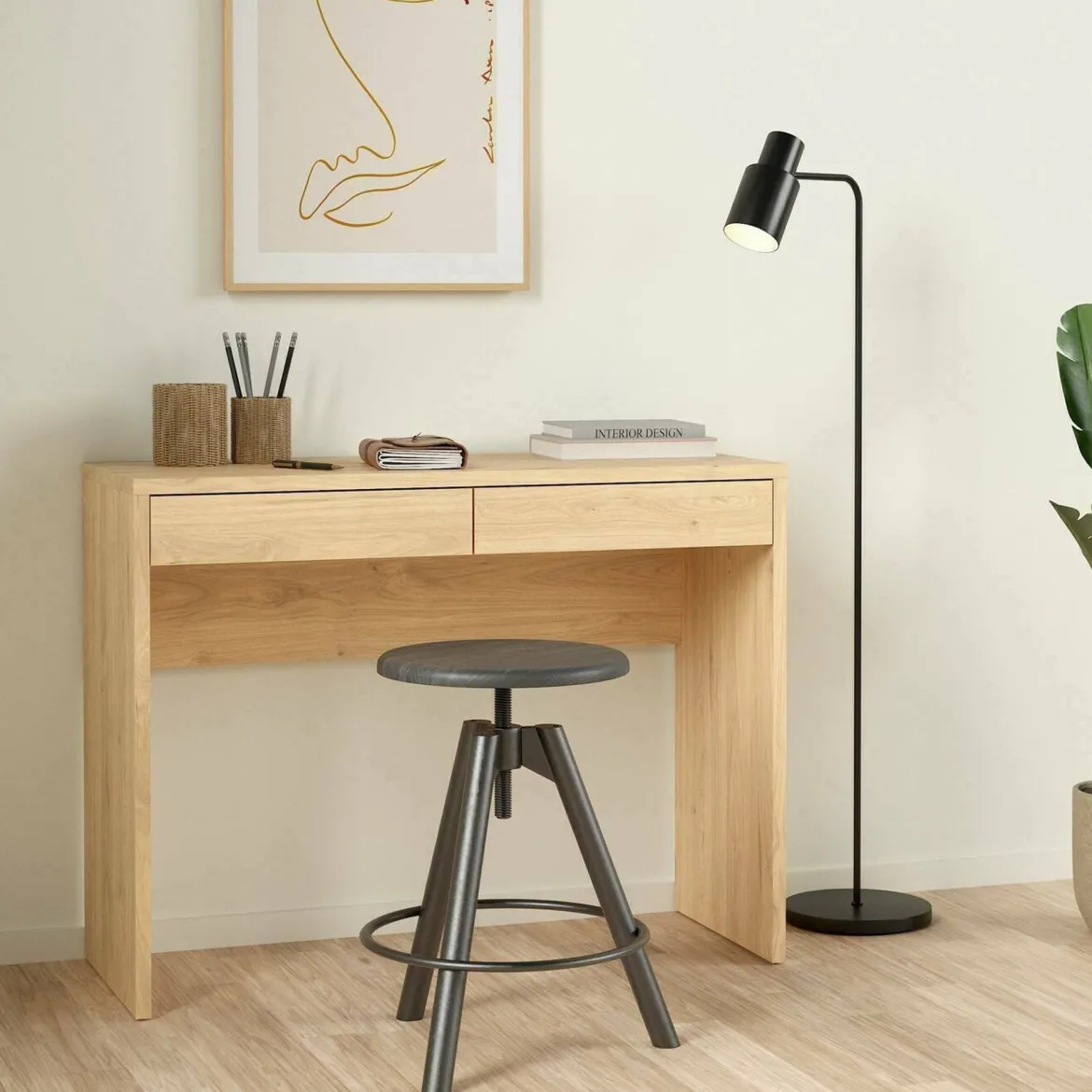 Scrivania lineare rovere 100x39cm con 2 cassetti - Acero