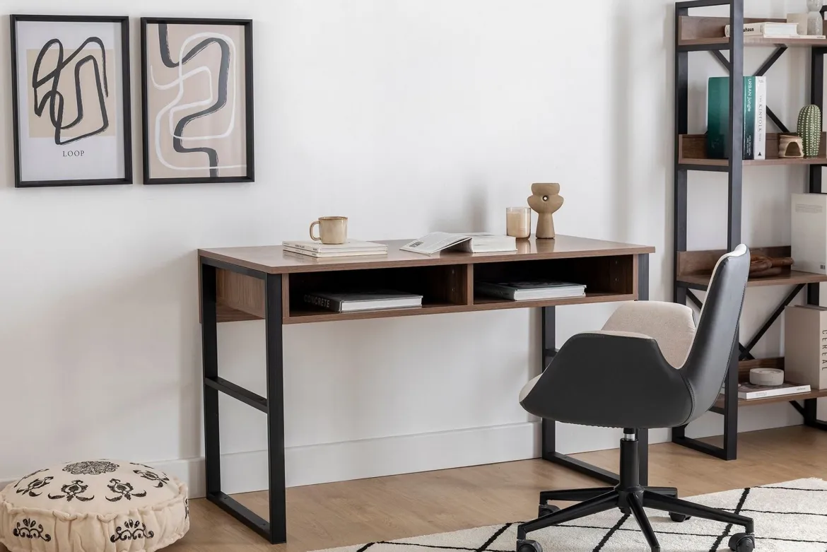 Scrivania Marrone Noce Nero 3 Ripiani 2 Vani 120x60x75h cm, Colore Ripiano Marrone - Samo