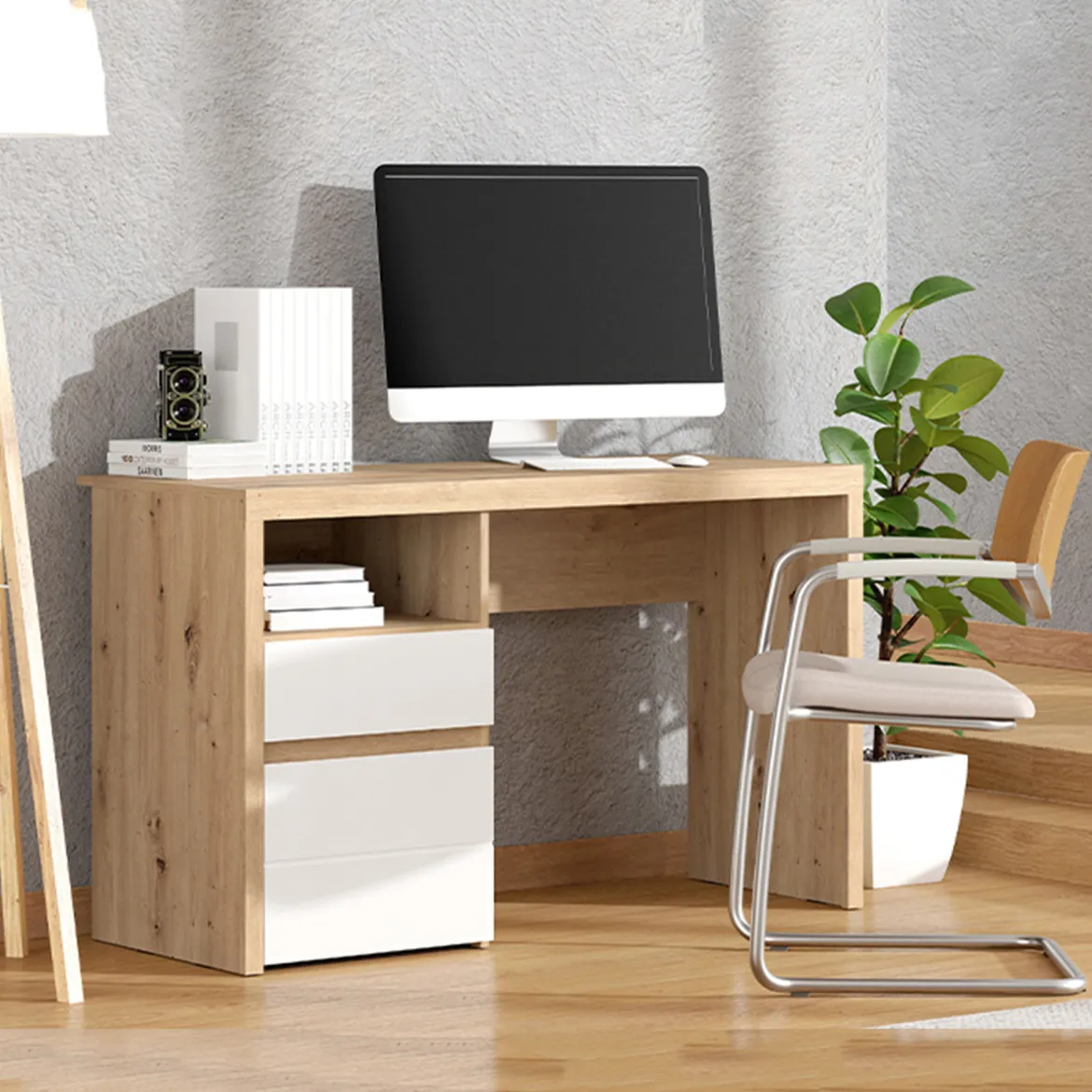 Scrivania Marrone Rovere Nodi Bianco 3 Ripiani 4 Vani 90x52x149h cm, Colore Ripiano Marrone - Nicotera