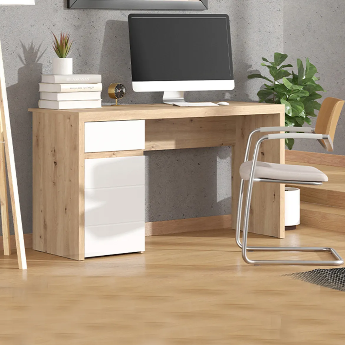 Scrivania Marrone Rovere Nodi Bianco un Cassetto 2 Ripiani 140x52x76h cm, Un'anta - Bovec