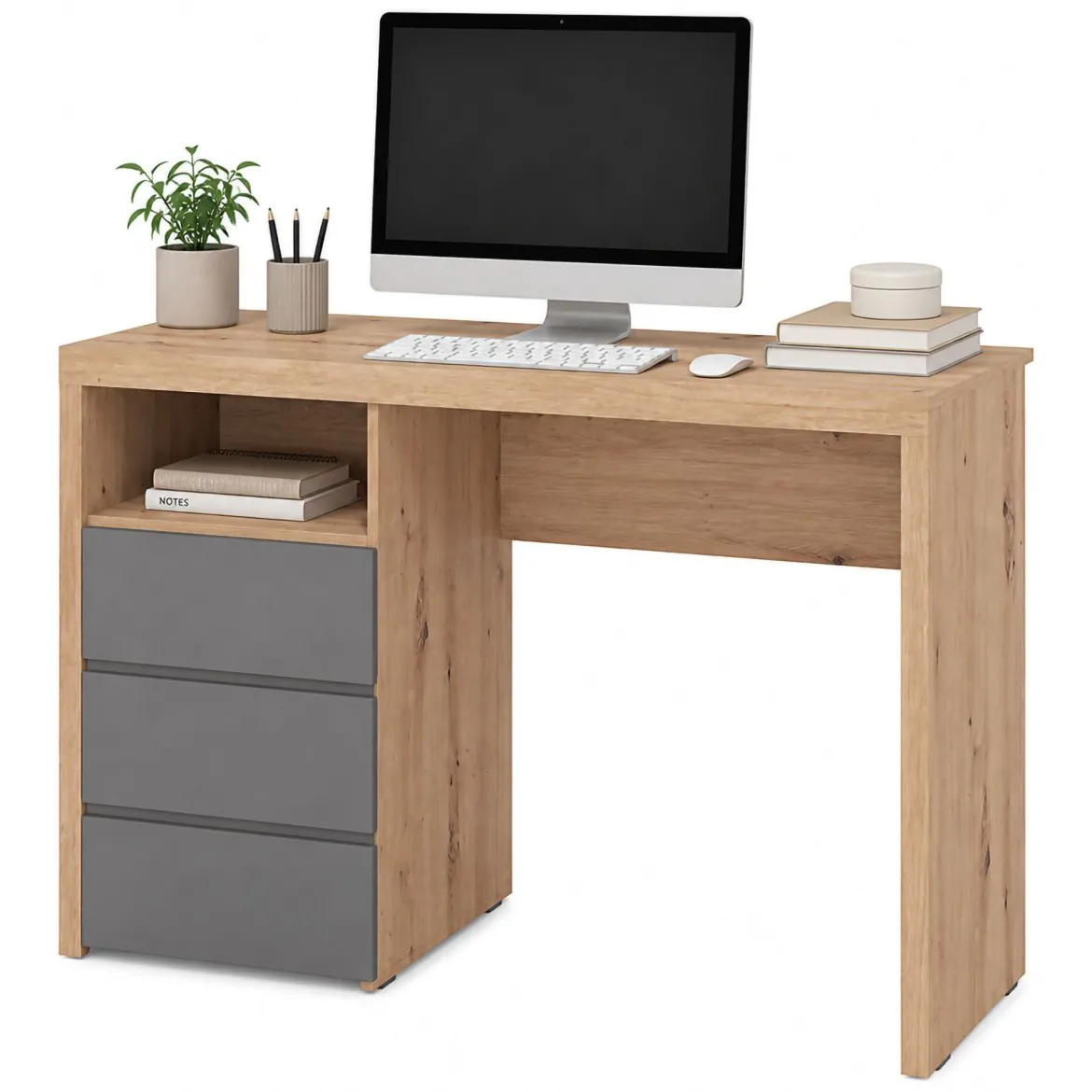 Scrivania Marrone Rovere Nodi Grigio Scuro 2 Cassetti 2 Ripiani 127x52x77h cm, un Vano - Flam