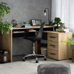 Scrivania Marrone Rovere Nodi Nero Angolare 3 Ripiani 137.5x101.5x75h cm, 3 Cassetti - Sapri