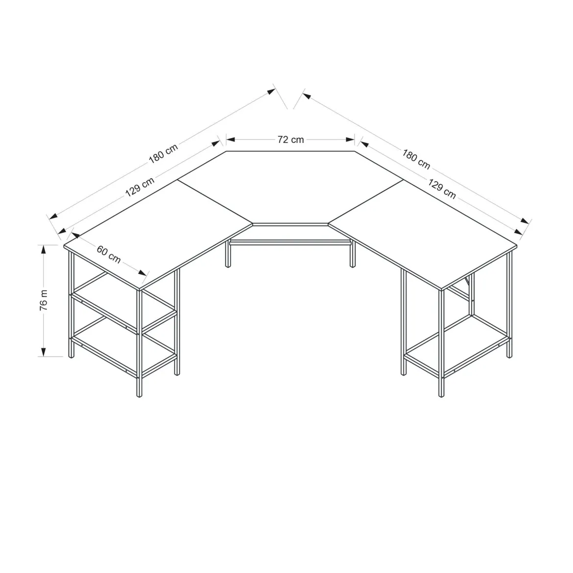 Scrivania Nero Angolare 4 Ripiani 180x60x76h cm, 3 Vani - Arcano