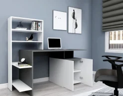 Scrivania Nero Antracite Bianco 8 Ripiani 2 Ante 146x60x74h cm, 7 Vani - Recco