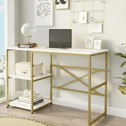 Scrivania No bianca e oro 120x60cm con libreria - Giusto