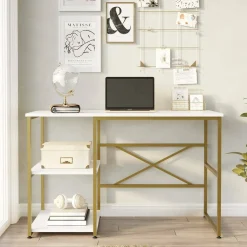 Scrivania No bianca e oro 120x60cm con libreria - Giusto