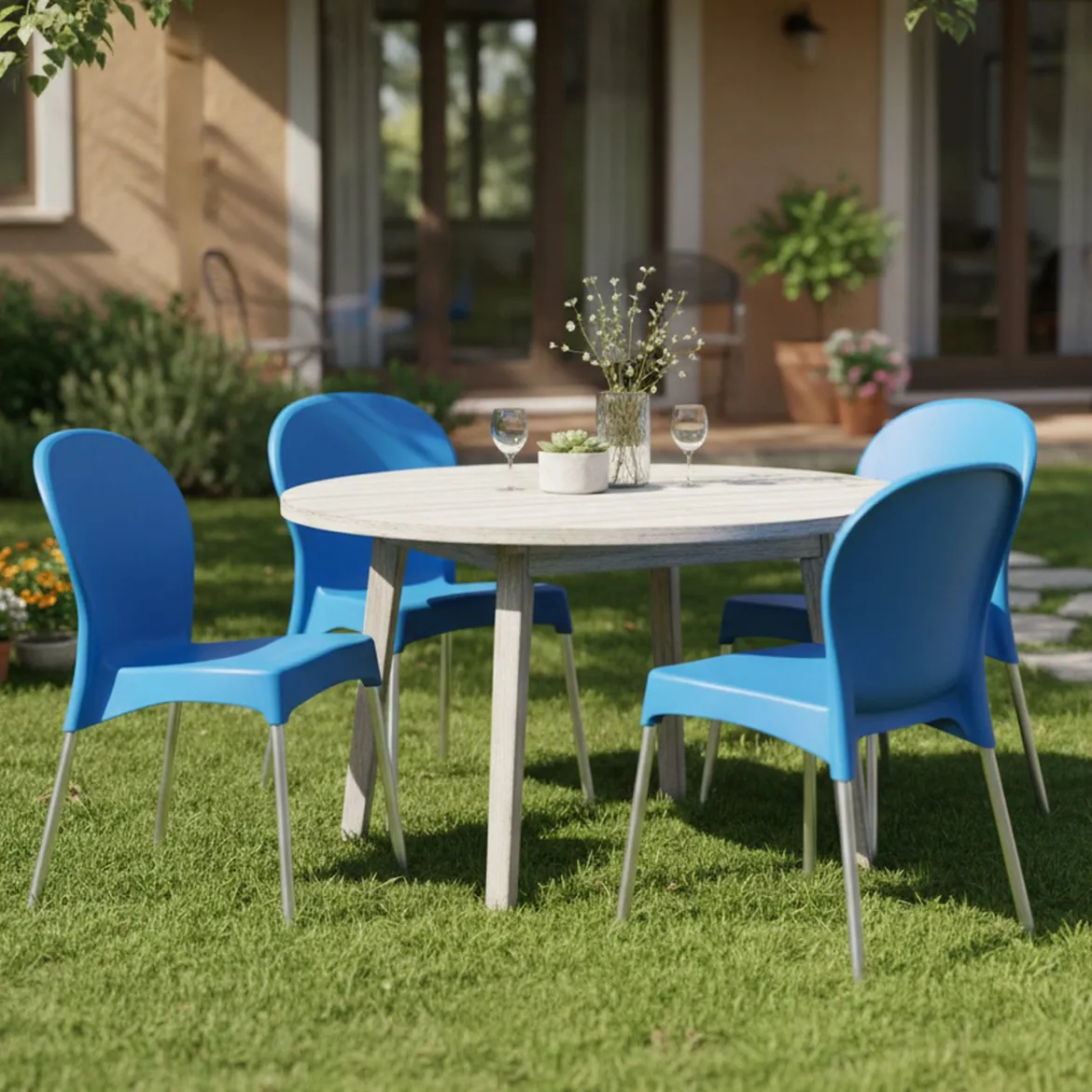 Sedia da Esterno Azzurro 4 Sedie Impilabile, Peso Supportato 120 kg Made in Italy - Grover