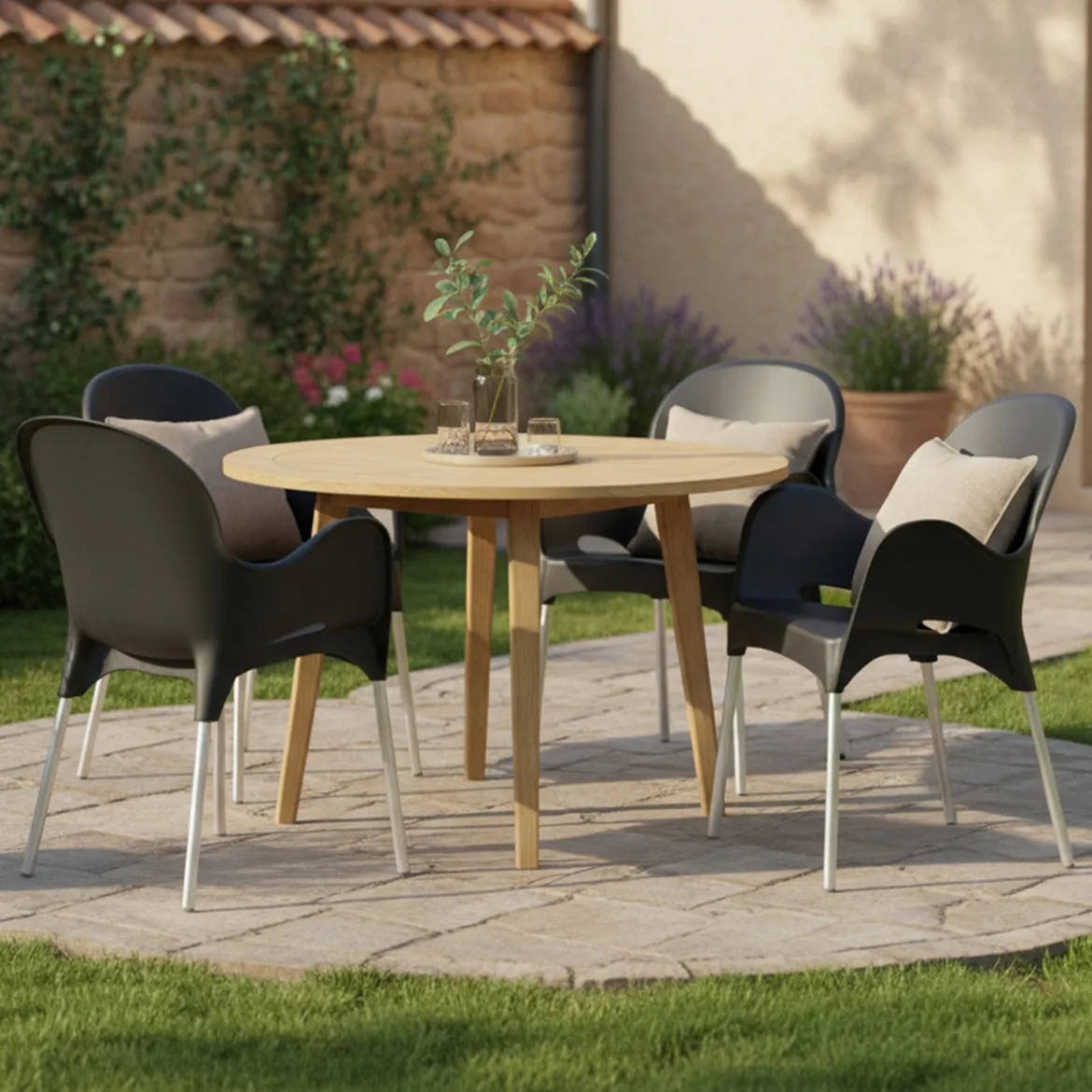 Sedia da Esterno Nero Antracite 4 Sedie Impilabile, Braccioli Made in Italy - Rumley