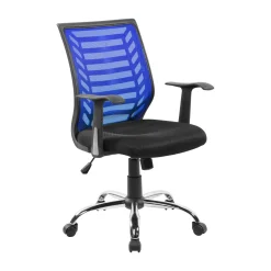 Sedia da studio con ruote imbottita con braccioli in ecopelle nera e blu - Camaleonte