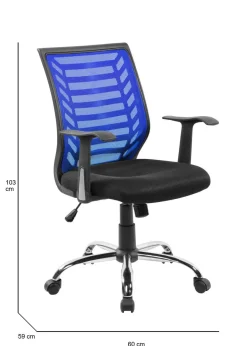 Sedia da studio con ruote imbottita con braccioli in ecopelle nera e blu - Camaleonte