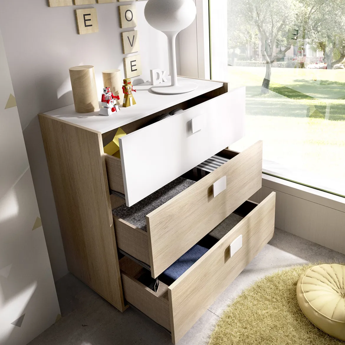 Set Camera da Letto Bianco Marrone Rovere Appendiabiti 6 Cassetti, 6 Ripiani - Redwood