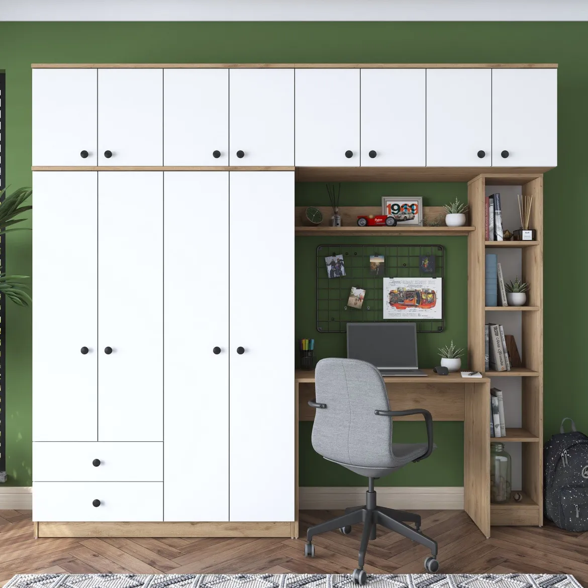 Set Camera da Letto Bianco Marrone Noce Appendiabiti 2 Cassetti, 13 Ripiani - Caprie