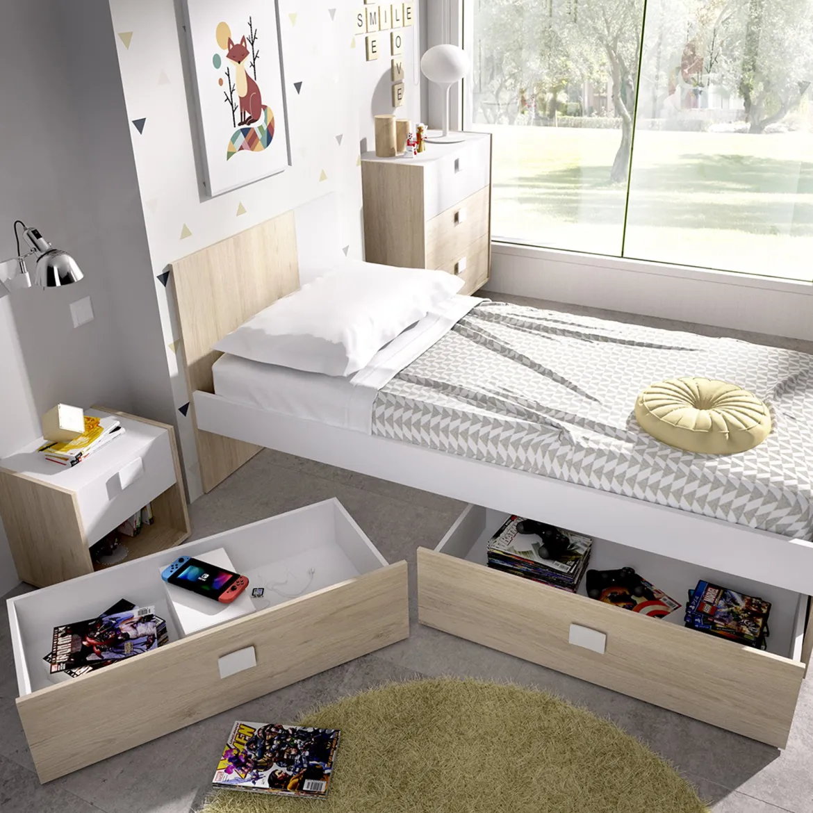 Set Camera da Letto Bianco Marrone Rovere Appendiabiti 6 Cassetti, 6 Ripiani - Redwood