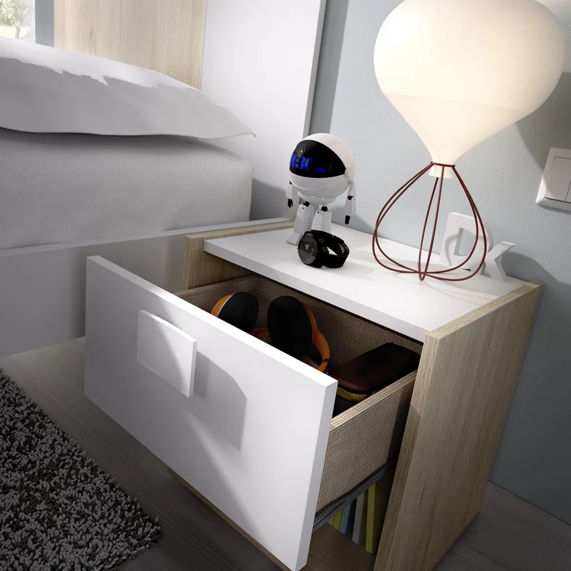 Set Camera da Letto Marrone Rovere Bianco 4 Cassetti 2 Ripiani, Ante - Oakhurst