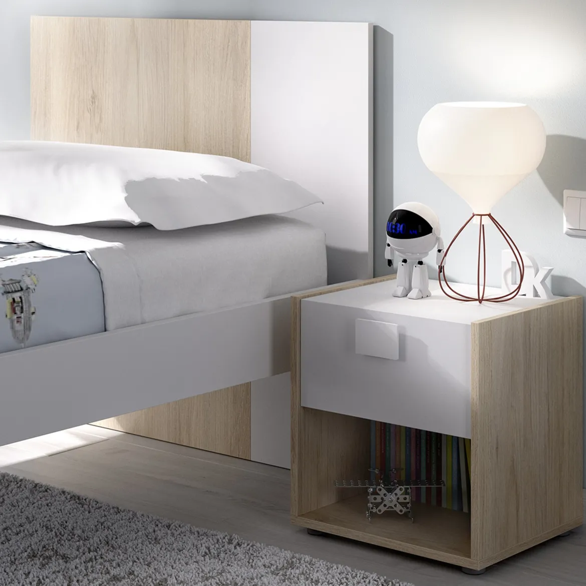 Set Camera da Letto Marrone Rovere Bianco 4 Cassetti 2 Ripiani, Ante - Oakhurst