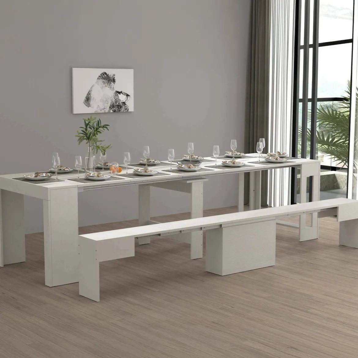 Set consolle allungabile 12 posti e 1 panca allungabile bianco lucido - Badesi