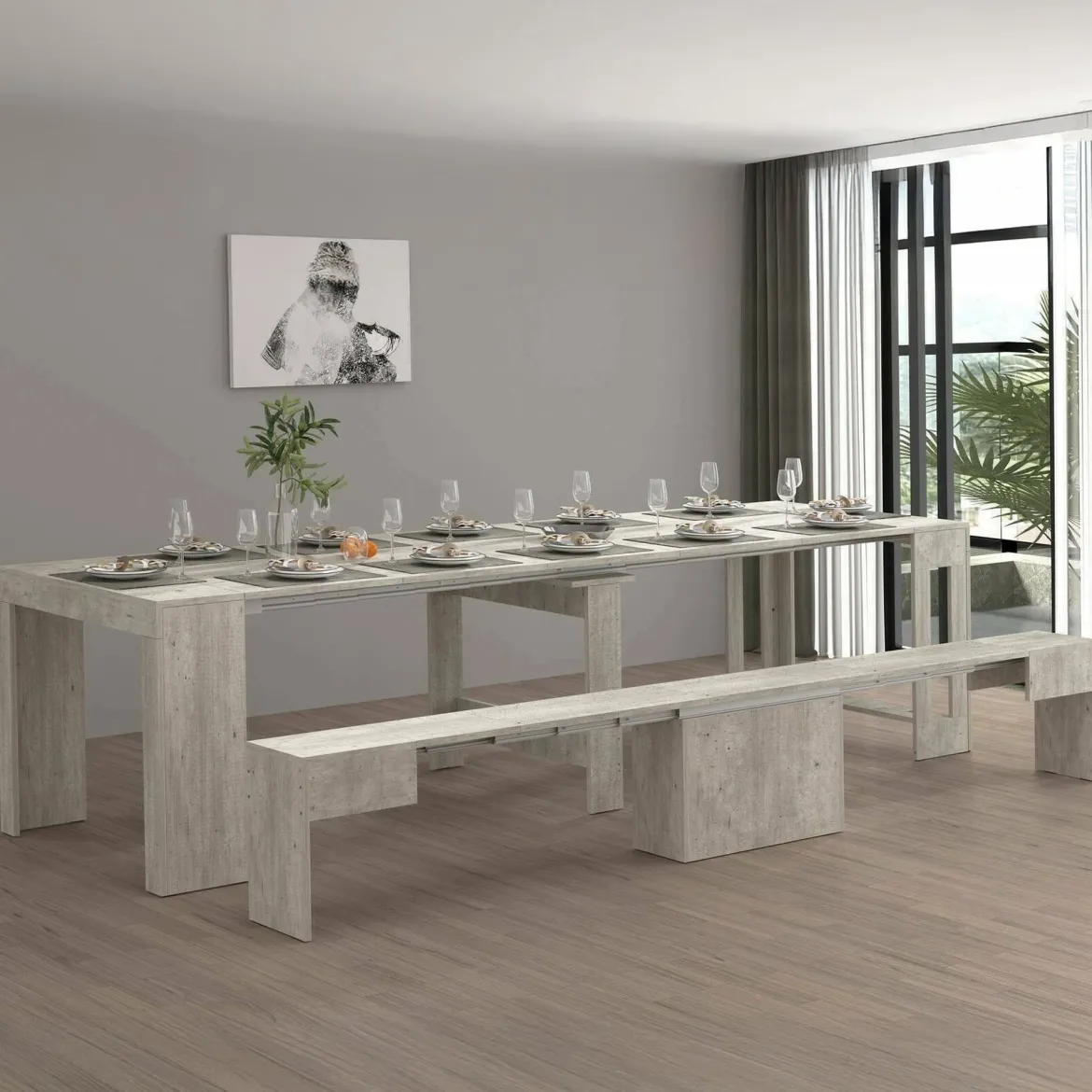 Set consolle allungabile 12 posti e 1 panca allungabile grigio - Badesi