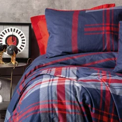 Set copripiumino singolo e 1 federa Tigard, 220x155 cm, Rosso e Blu