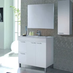 Set Mobili Bagno Bianco Lucido Specchio Incluso 2 Cassetti, 2 Ripiani - Plassas