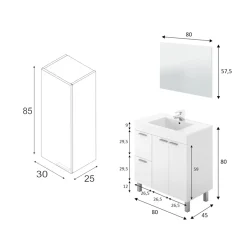 Set Mobili Bagno Bianco Lucido Specchio Incluso 2 Cassetti, 2 Ripiani - Paderna