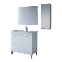 Set Mobili Bagno Bianco Lucido Specchio Incluso 2 Cassetti, 2 Ripiani - Paderna