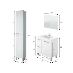 Set Mobili Bagno Bianco Lucido Specchio Incluso 2 Cassetti, 3 Ripiani - Liona