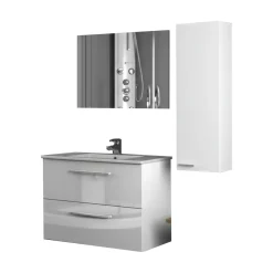 Set Mobili Bagno Bianco Lucido Specchio Incluso 2 Cassetti, un Ripiano - Possagno