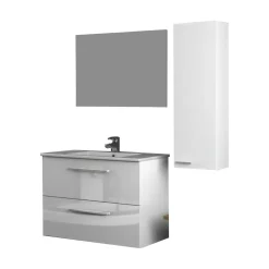 Set Mobili Bagno Bianco Lucido Specchio Incluso 2 Cassetti, un Ripiano - Possagno