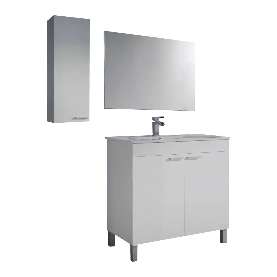 Set Mobili Bagno Bianco Lucido Specchio Incluso 2 Ripiani, 3 Ante - Suvereto