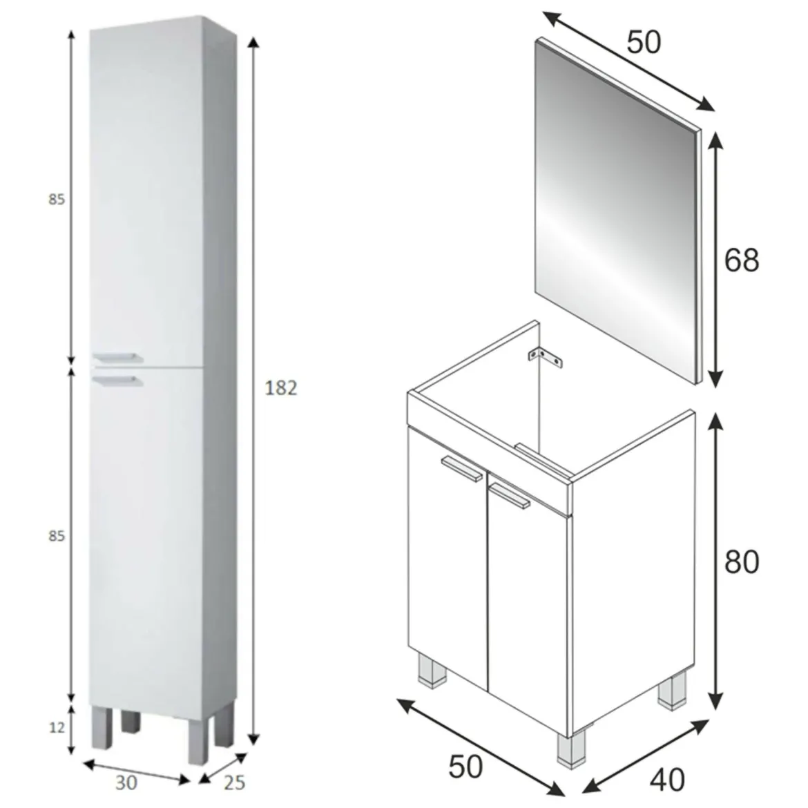 Set Mobili Bagno Bianco Lucido Specchio Incluso 3 Cassetti, 2 Ripiani - Sesto