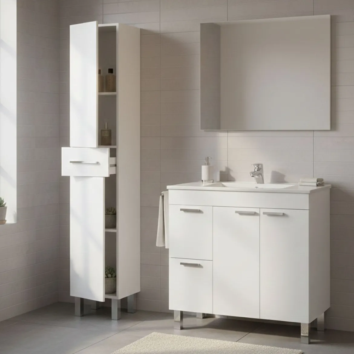 Set Mobili Bagno Bianco Lucido Specchio Incluso 3 Cassetti, un Ripiano - Tavoleto