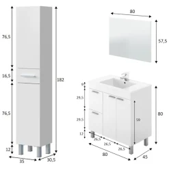 Set Mobili Bagno Bianco Lucido Specchio Incluso 3 Cassetti, un Ripiano - Tavoleto