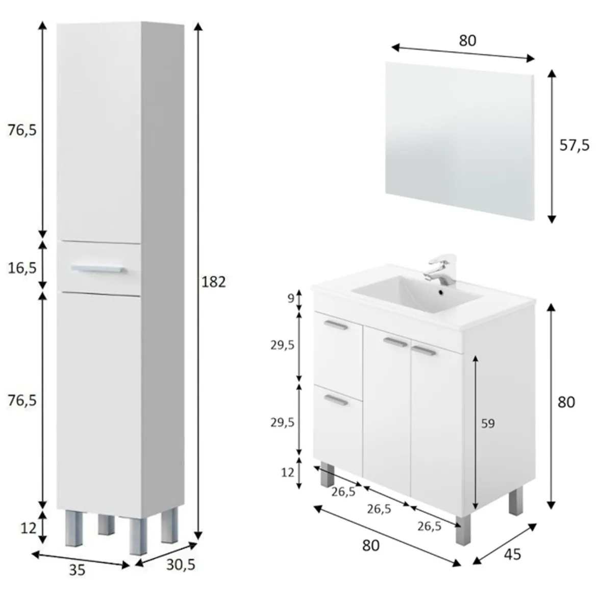 Set Mobili Bagno Bianco Lucido Specchio Incluso 3 Cassetti, un Ripiano - Tavoleto