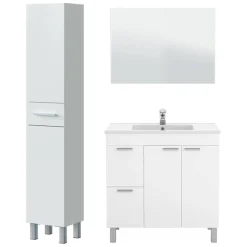 Set Mobili Bagno Bianco Lucido Specchio Incluso 3 Cassetti, un Ripiano - Tavoleto