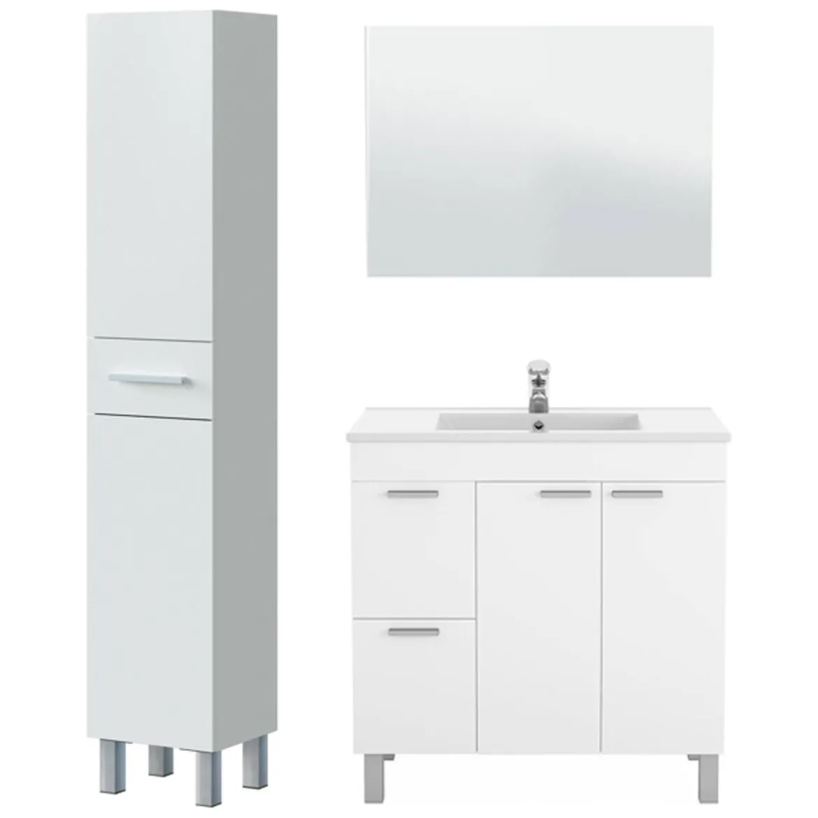 Set Mobili Bagno Bianco Lucido Specchio Incluso 3 Cassetti, un Ripiano - Tavoleto
