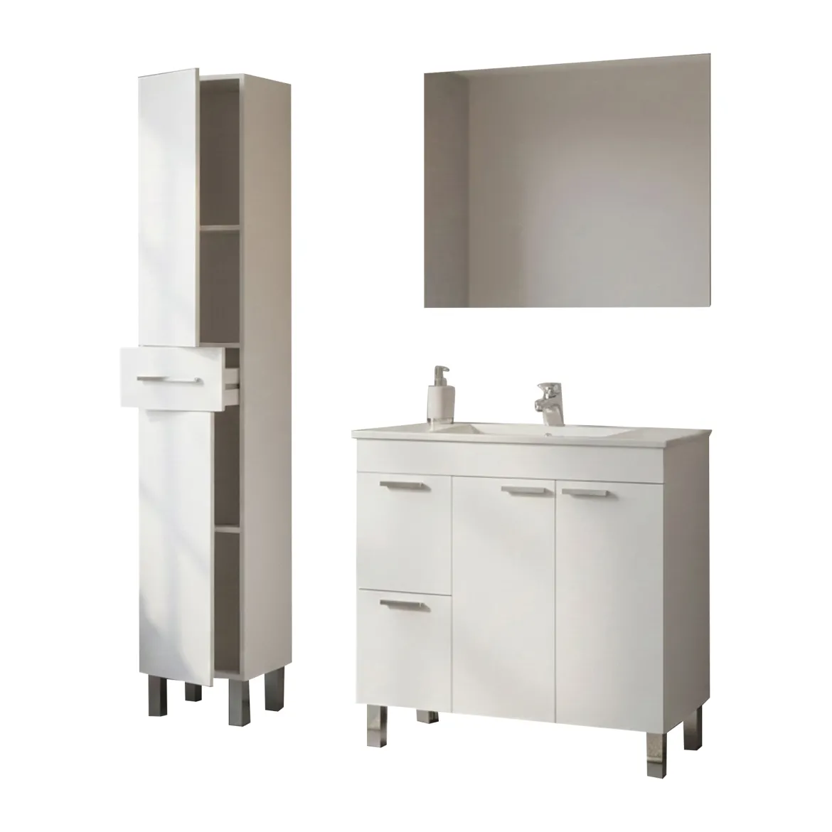 Set Mobili Bagno Bianco Lucido Specchio Incluso 3 Cassetti, un Ripiano - Tavoleto