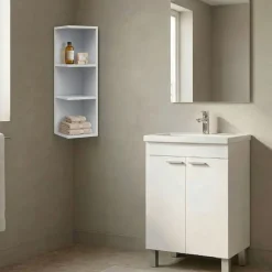 Set Mobili Bagno Bianco Lucido Specchio Incluso 3 Ripiani, 2 Ante - Furtei
