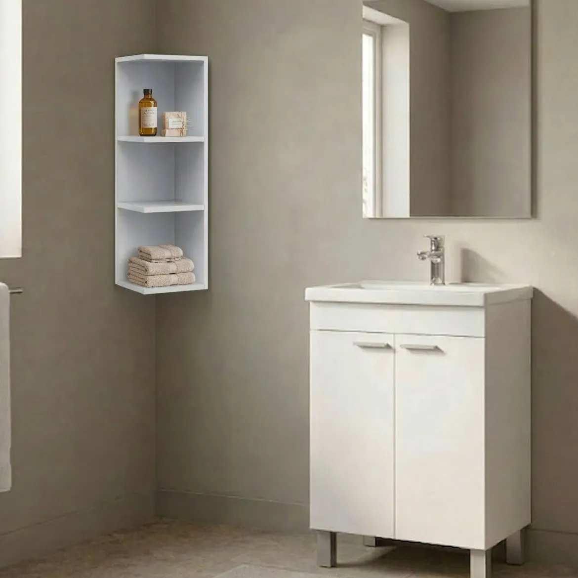 Set Mobili Bagno Bianco Lucido Specchio Incluso 3 Ripiani, 2 Ante - Sorrento