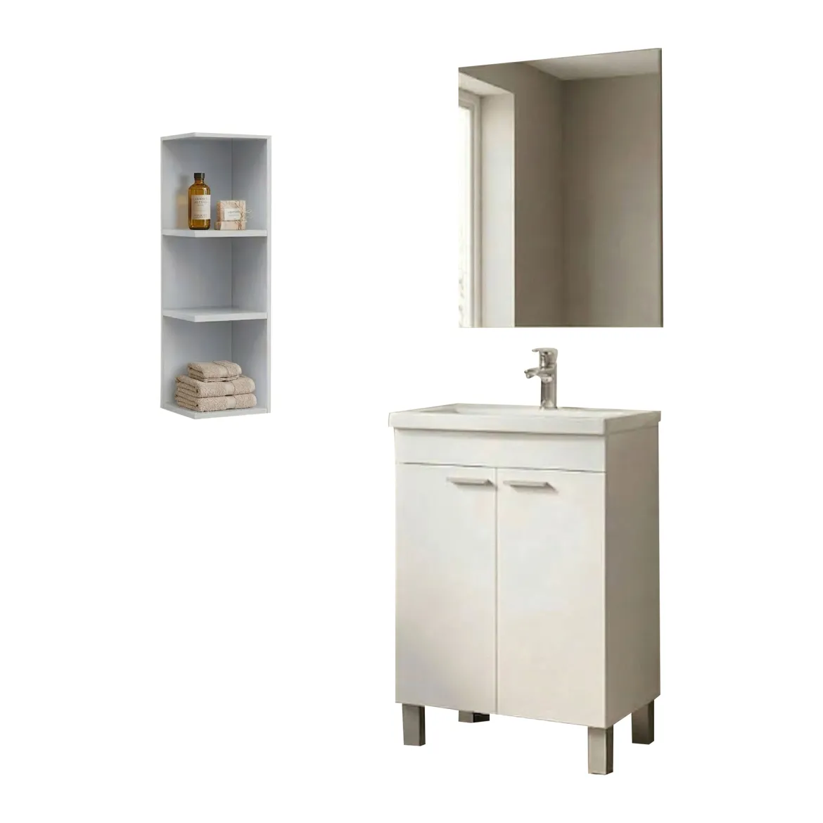 Set Mobili Bagno Bianco Lucido Specchio Incluso 3 Ripiani, 2 Ante - Sorrento