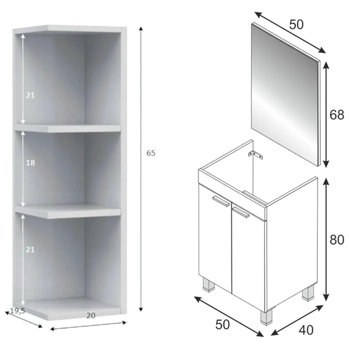Set Mobili Bagno Bianco Lucido Specchio Incluso 3 Ripiani, 2 Ante - Sorrento